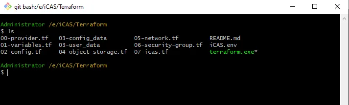 Screenshot of a Git Bash terminal window opened at the path "/e/iCAS/Terraform". The output displays the results of the "ls" command, listing various configuration files including multiple numbered Terraform files from "00-provider.tf" to "07-icas.tf", a README.md file, an iCAS.env file, and the terraform.exe executable.
