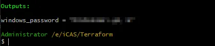 Screenshot of a Git Bash terminal window displaying the completed Terraform execution output block. Below the green heading "Outputs:", the generated "windows_password" value is displayed, though heavily blurred for credential security.