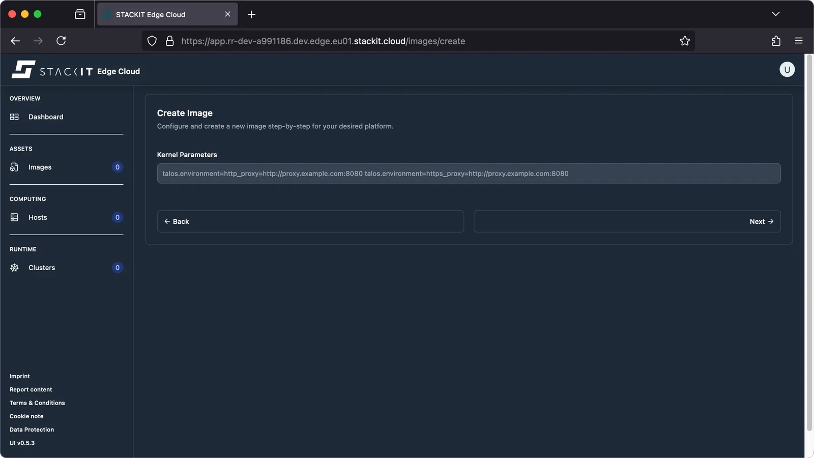 STACKIT Edge Cloud web interface, showing the Create Image form on the step for configuring Kernel Parameters.