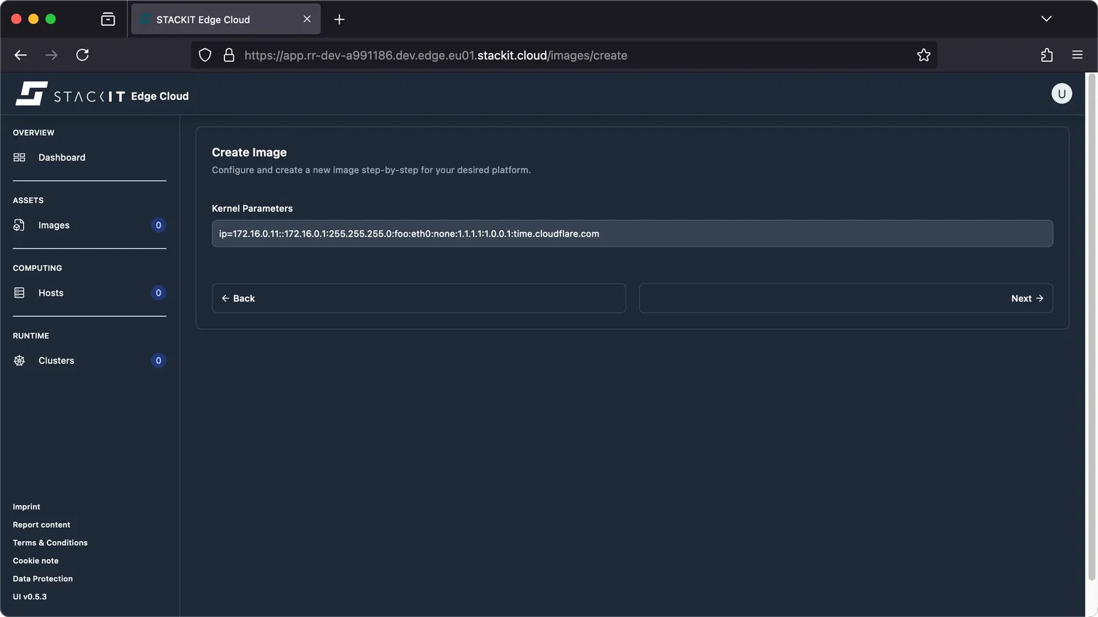 STACKIT Edge Cloud web interface, showing the 'Create Image' step for 'Kernel Parameters'.