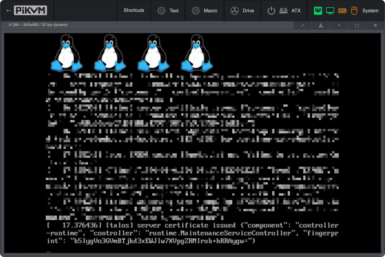 PiKVM Console Showing Talos Boot Messages.
