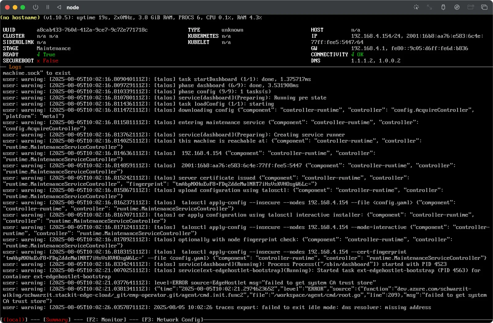 Terminal Log Output during Talos Kubernetes Node Boot/Initialization.
