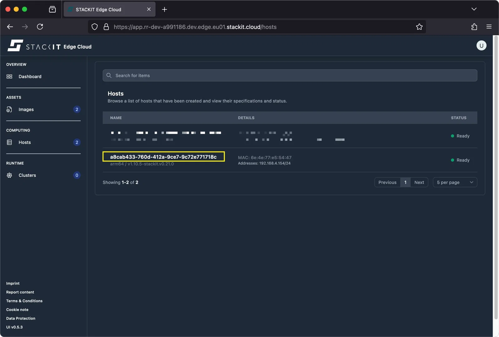 STACKIT Edge Cloud Dashboard - Hosts View.