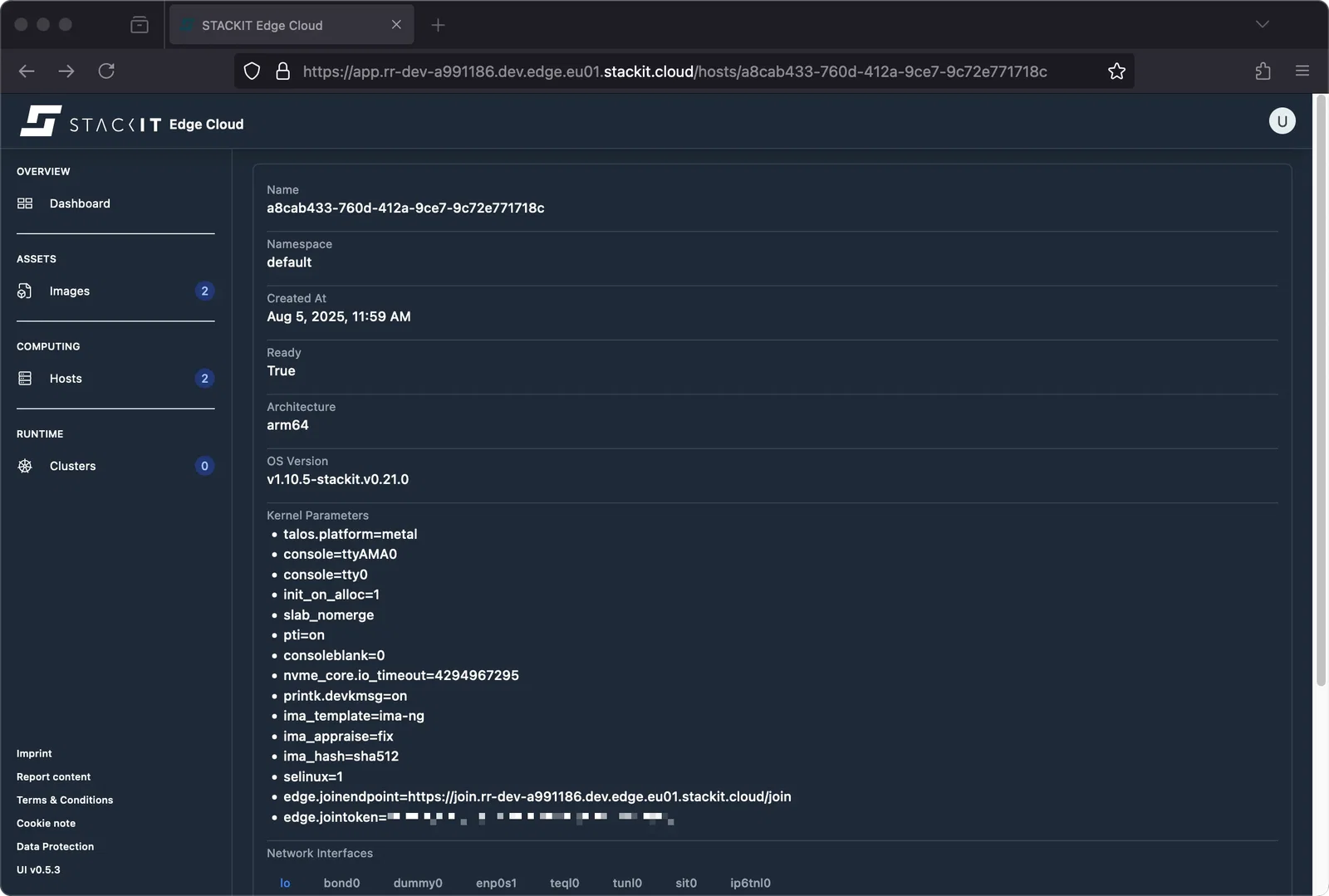 Screenshot of the STACKIT Edge Cloud web interface showing the details page for a Host.
