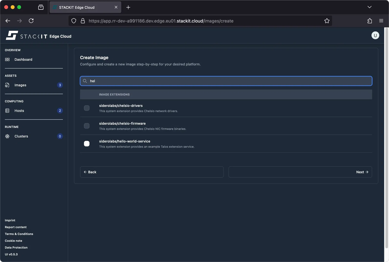 The image shows the second step in the 'Create Image' workflow within the STACKIT Edge Cloud web interface.