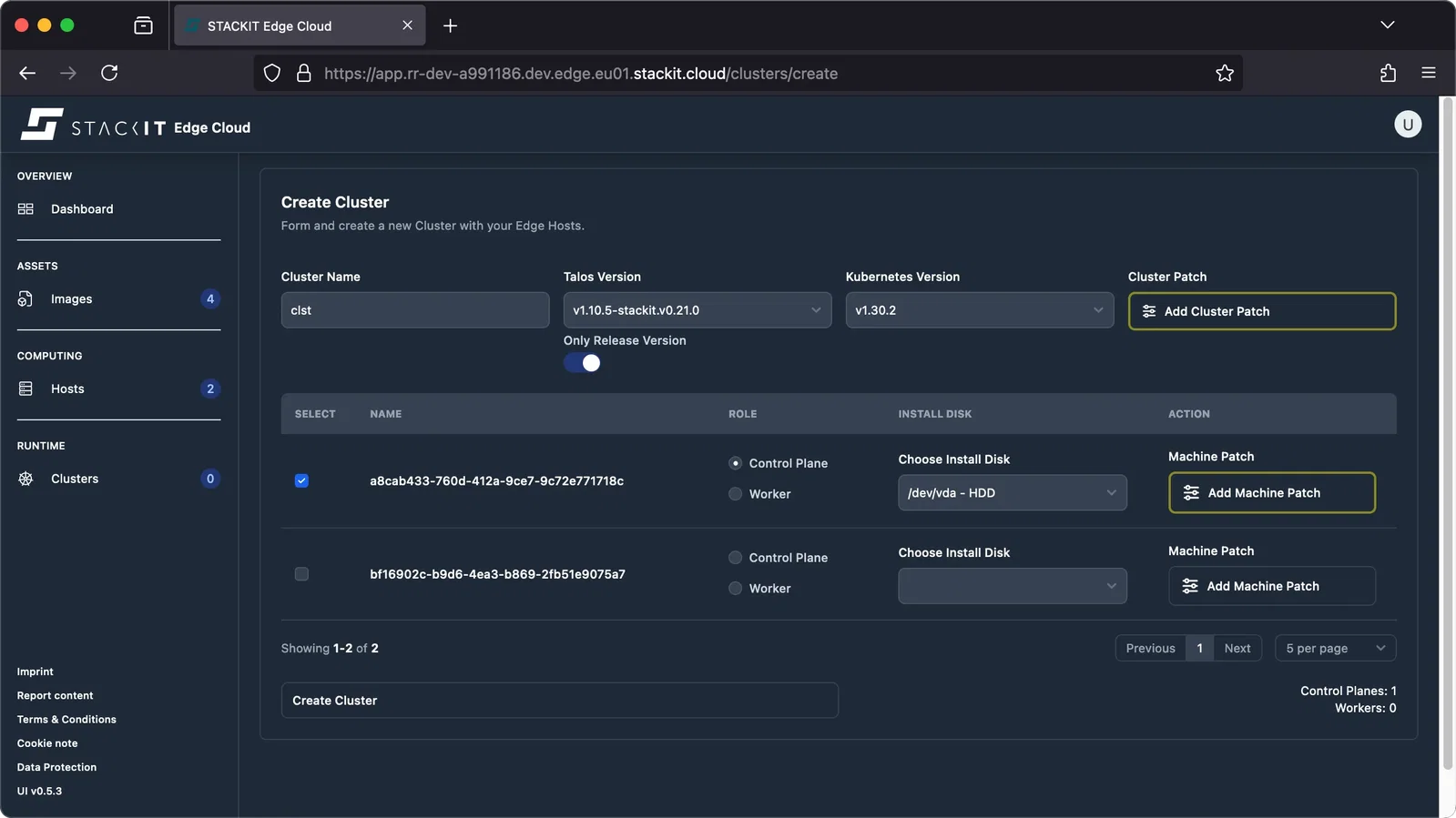 A screenshot of the STACKIT Edge Cloud "Create Cluster" page.