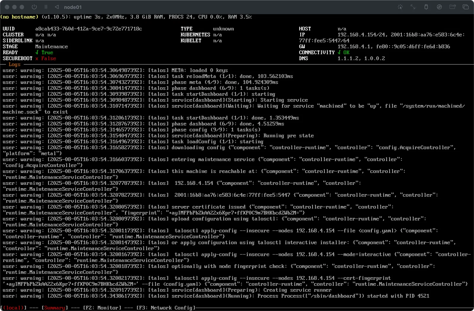 Console screenshot of a Kubernetes node (Talos OS) showing the system in a Maintenance state.