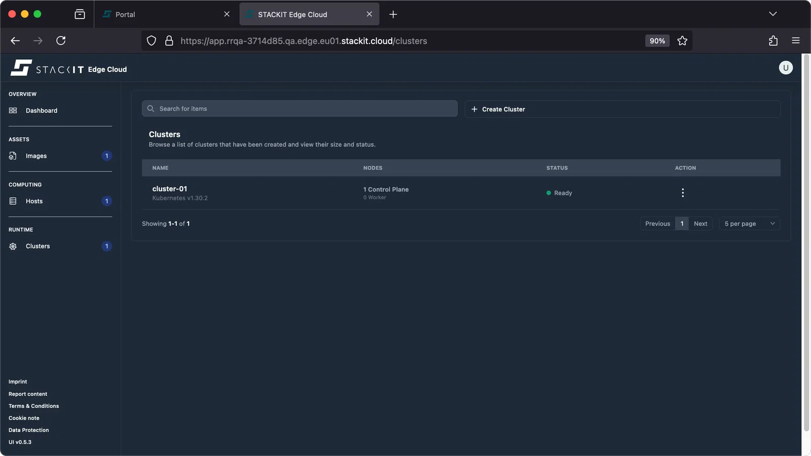 STACKIT Edge Cloud Dashboard: Clusters List (Single Cluster). A screenshot of the STACKIT Edge Cloud web interface's Clusters overview page. A single cluster named cluster-01 is listed. It has 1 Control Plane and 0 Worker nodes. The cluster's Kubernetes version is v1.30.2, and its Status is Ready (indicated by a green dot). The table shows one result out of one.