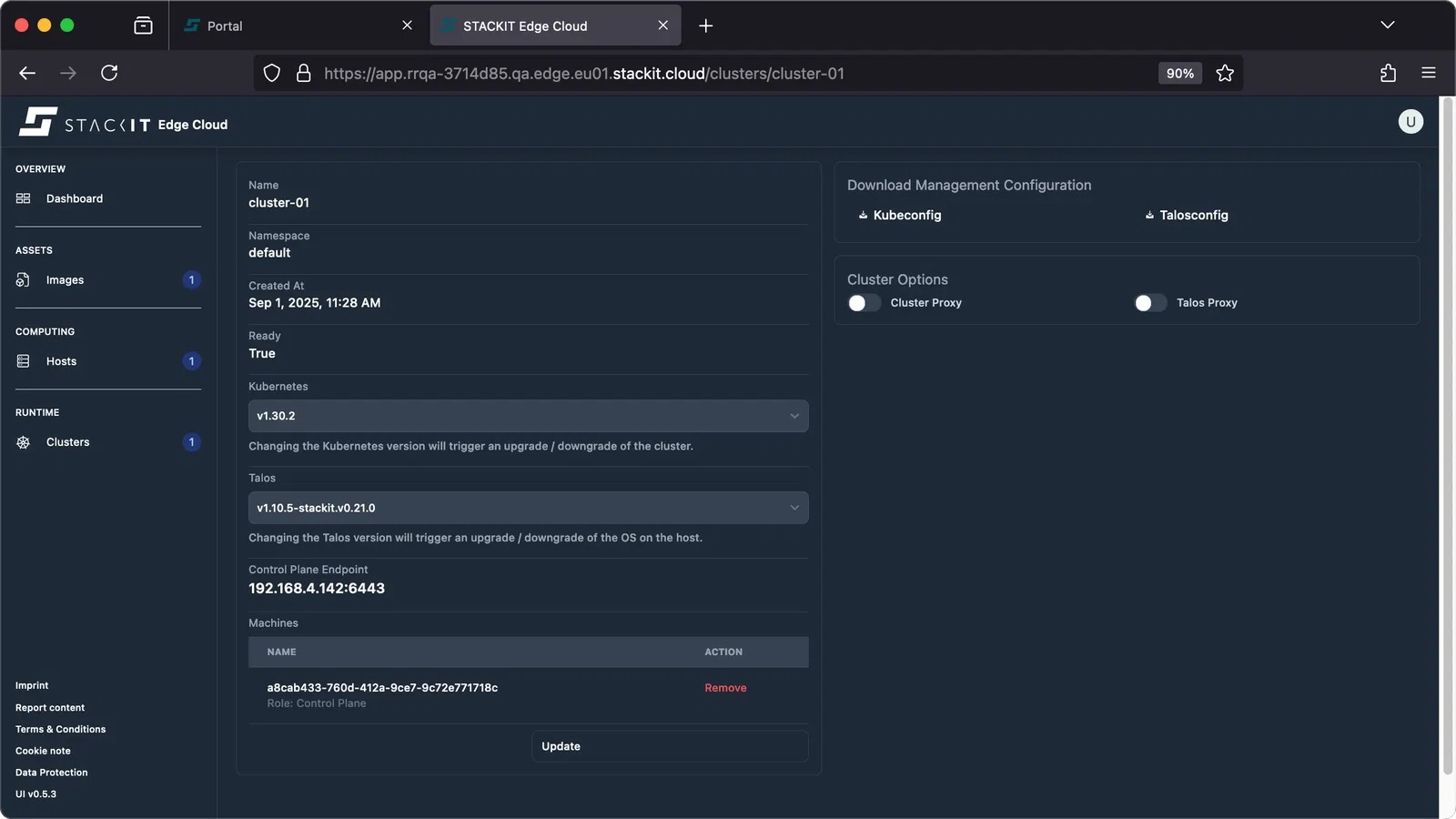 Screenshot of the cluster detail view for cluster-01 in the STACKIT Edge Cloud console. This page shows key information: Name is cluster-01, namespace is default, Status is Ready. It displays the Kubernetes version as v1.30.2 and the Talos OS version as v1.10.5-stackit.v0.21.0. The Control Plane Endpoint IP is listed as 192.168.4.142. At the bottom, under Machines, one machine is listed by a long ID (a8cab...71718c) with the Role Control Plane. This machine has a Remove button in the Action column. Below the machine list is an Update button.