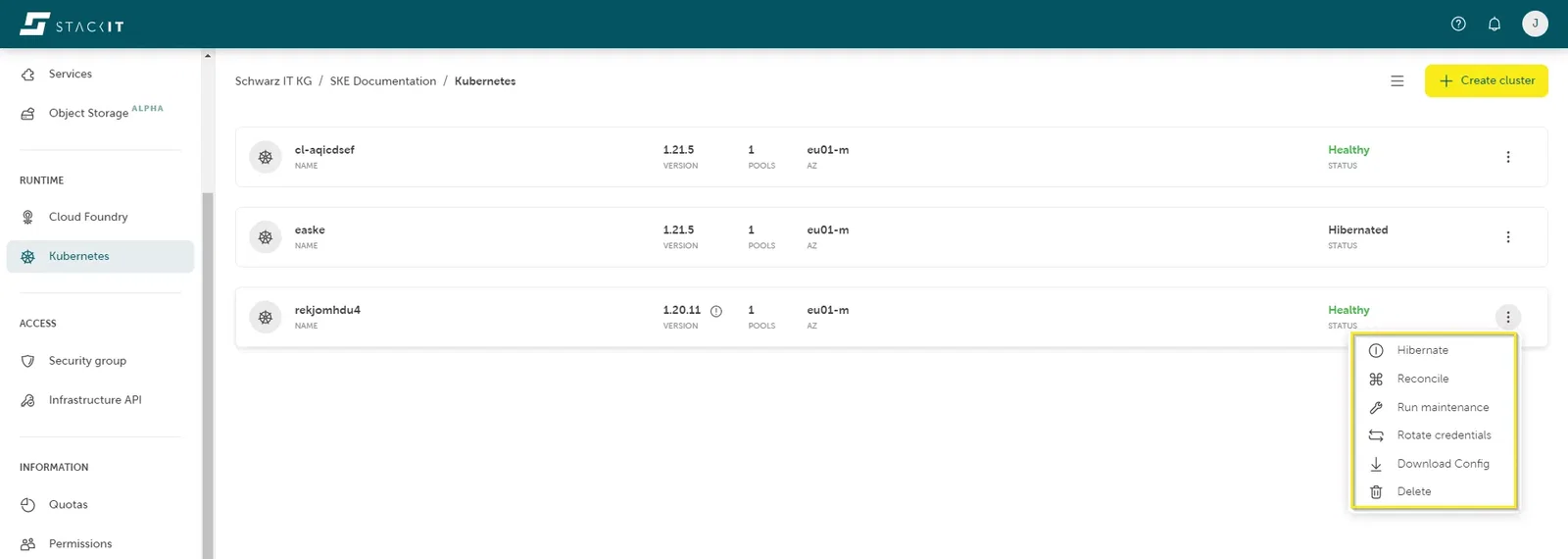 A screenshot of the SKE main dashboard, listing three Kubernetes clusters.