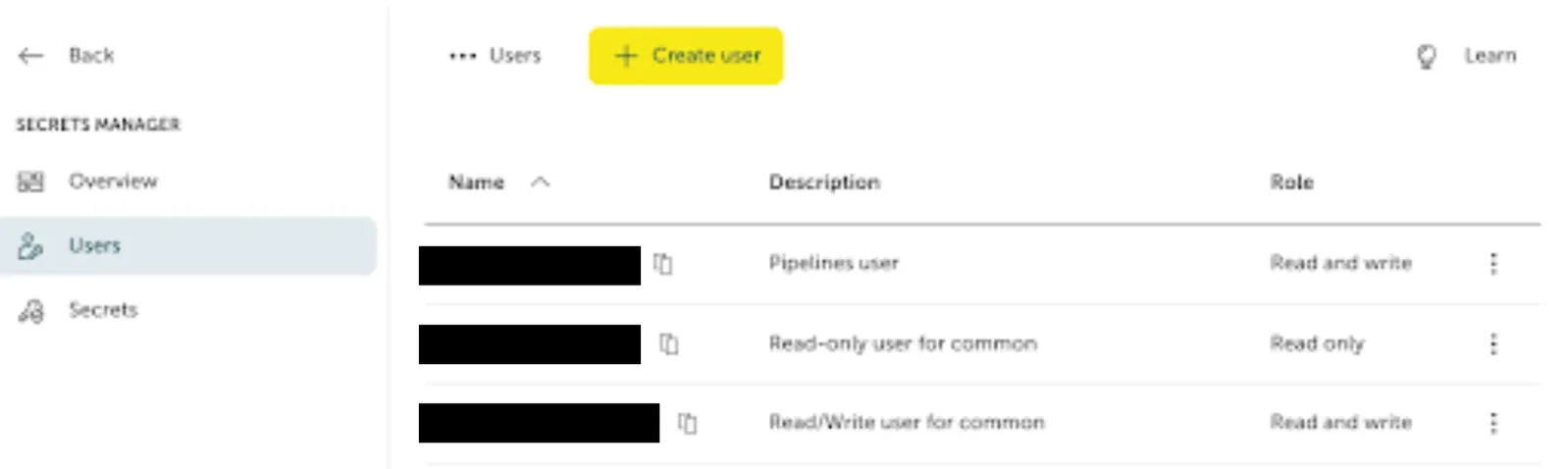 Screenshot of the STACKIT Portal showing the "Users" management view within the Secrets Manager. The left sidebar navigation highlights the selected "Users" section below "Overview". The main content area features a yellow "Create user" button at the top and displays a table listing multiple active users with their hidden names, descriptive labels like "Pipelines user", and assigned roles such as "Read and write" or "Read only".