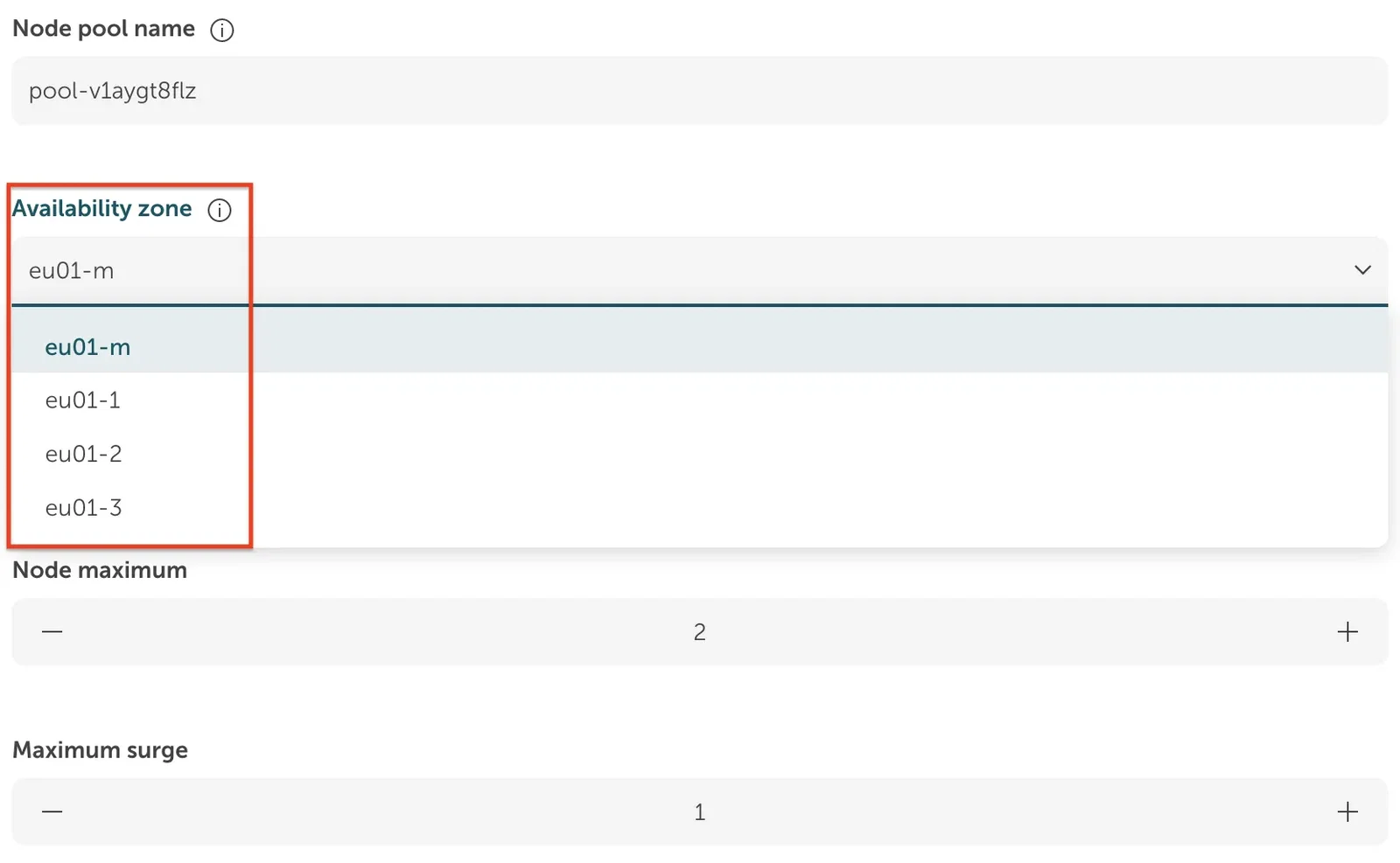 A partial screenshot of the STACKIT Cloud Portal user interface, showing a dropdown menu for selecting an availability zone when configuring a node pool.
