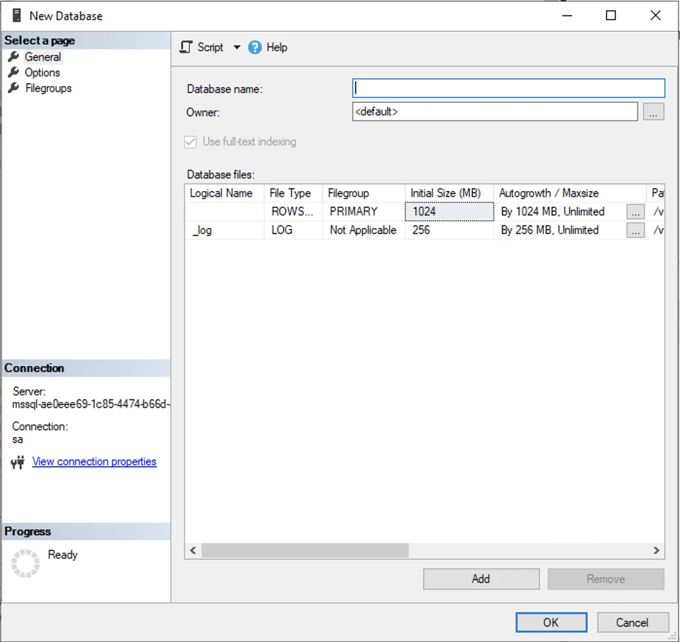 Screenshot of the "New Database" dialog box in SQL Server Management Studio (SSMS). The left pane lists navigation pages including General, Options, and Filegroups. The main area contains input fields for "Database name" and "Owner", along with a "Database files" grid displaying rows for the primary data file and the log file with properties for logical name, file type, initial size, and autogrowth settings.