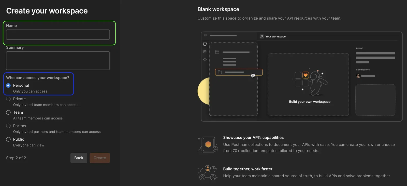 Screenshot of the "Create your workspace" setup screen in Postman. On the left pane, the "Name" input field is highlighted, and the visibility option "Personal" under "Who can access your workspace?" is selected and highlighted. The right side shows a visual preview of a blank workspace.