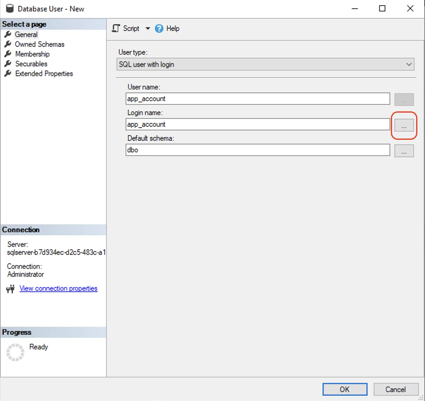 Screenshot of the "Database User - New" configuration window in SQL Server Management Studio (SSMS). The active page is set to "General", with the "User type" dropdown set to "SQL user with login". The form contains input fields for "User name" and "Login name" both populated with "app_account", a "Default schema" field set to "dbo", and the ellipsis button next to the login name field is highlighted.