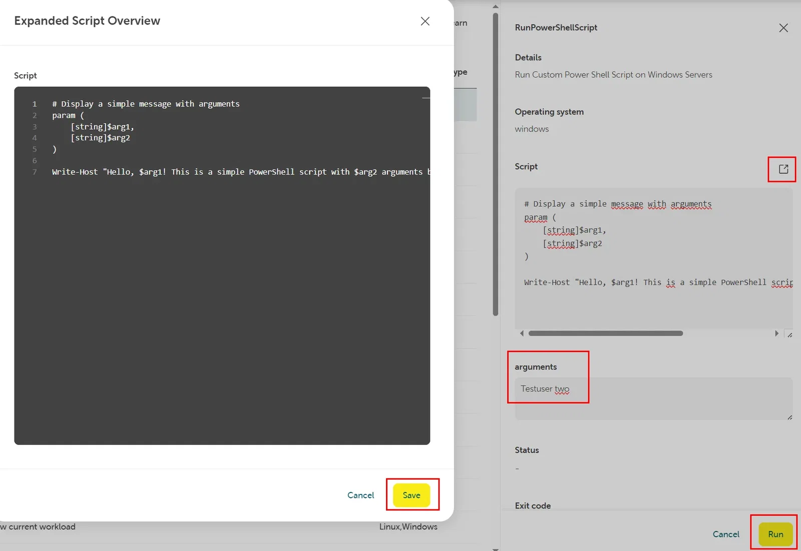 Screenshot of the STACKIT Cloud Portal showing the execution window for a custom PowerShell script on Windows. The "Expanded Script Overview" modal is open on the left, displaying a script with parameter blocks for arg1 and arg2, with the "Save" button highlighted by a red box. In the background pane on the right, red boxes highlight the external link icon next to "Script", the "arguments" input field containing "Testuser two", and the yellow "Run" button at the bottom.