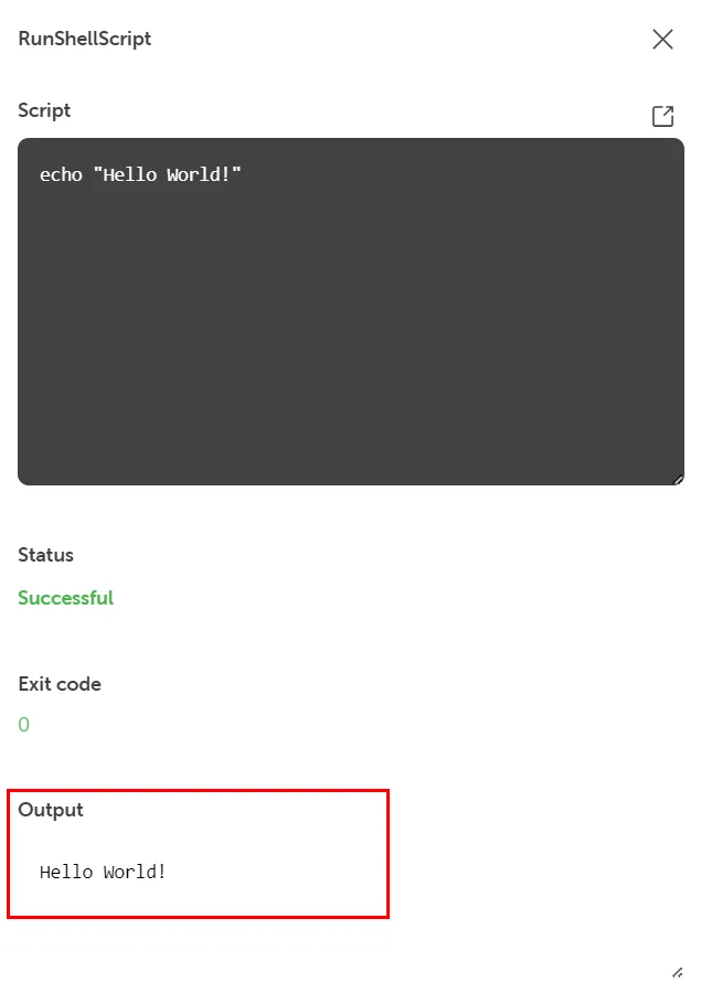 Screenshot of the STACKIT Cloud Portal interface showing the successful result pane for the RunShellScript execution. The status displays "Successful" in green text, and the exit code is 0. At the bottom, the "Output" area is enclosed in a red box, displaying the printed result "Hello World!".