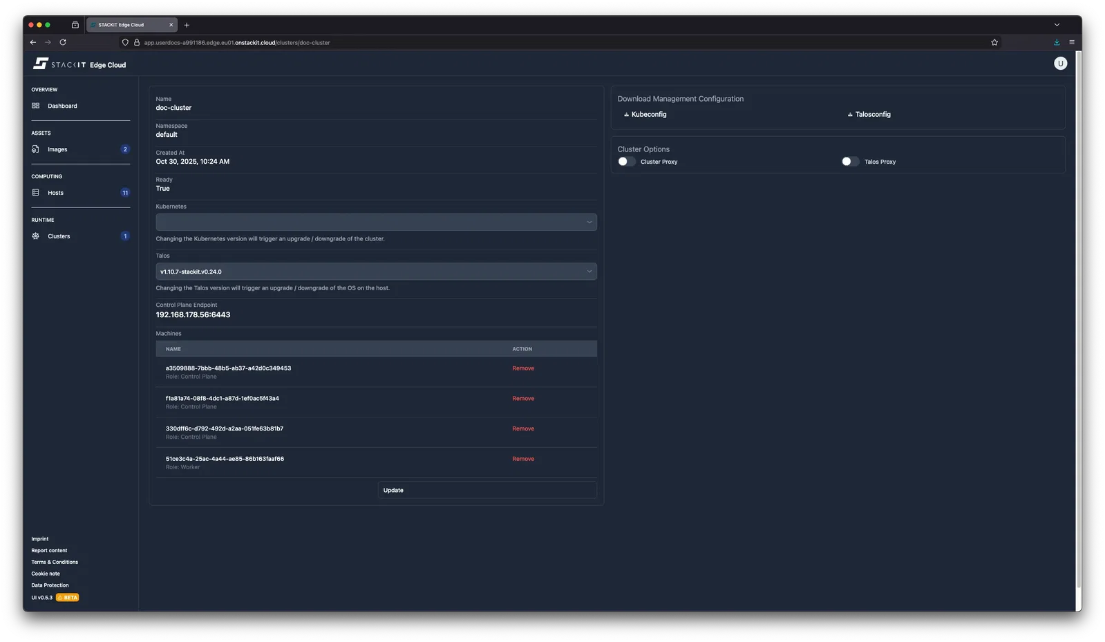 STACKIT Edge Cloud Dashboard: Cluster Details (Multiple Control Planes). A screenshot of the STACKIT Edge Cloud web interface, showing the details page for a cluster named doc-cluster. The cluster is in the Ready state, running Kubernetes v1.33.0 and Talos v1.9.7-stackit.v0.24.0. The Control Plane Endpoint is 192.168.178.56. Under Machines, three Control Plane nodes and one Worker node are listed, indicating a highly available Control Plane setup. The Cluster Proxy and Talos Proxy toggles are both disabled.