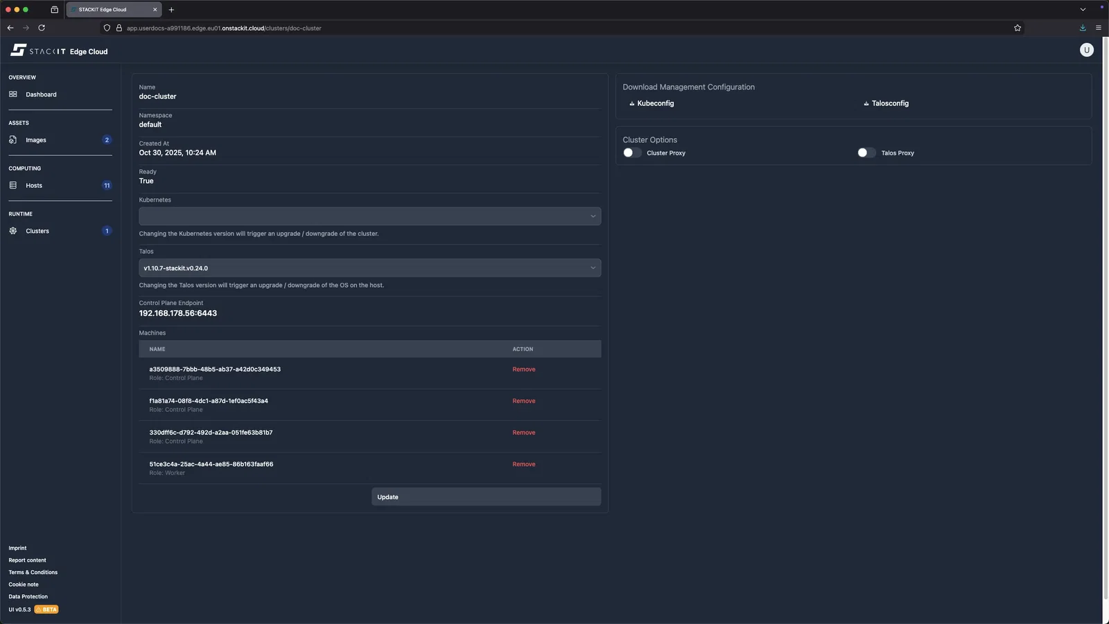 STACKIT Edge Cloud Dashboard: Cluster Details (Update Pending). A screenshot of the STACKIT Edge Cloud cluster details page for doc-cluster. The cluster is in a Ready state, but the Kubernetes version dropdown is currently set to v1.33.0, and the Talos version is set to v1.10.2-stackit.v0.25.0. The visible Update button suggests a configuration change has been made (like the Kubernetes or Talos version) and is pending application. The machine list shows three Control Plane and one Worker node.