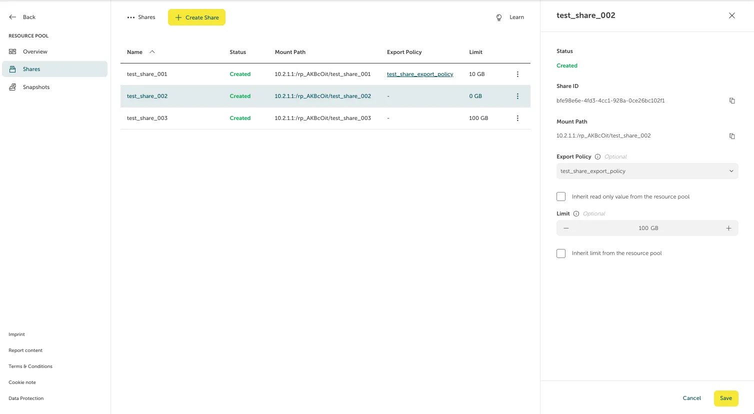 Screenshot of the STACKIT Portal showing the "Shares" overview page with an open configuration sidebar on the right side for the selected share "test_share_002". The sidebar displays status information, the Share ID, and the Mount Path, alongside editable fields. The "Export Policy" dropdown is set to a test policy, and the "Limit" field has been adjusted to "100 GB" using plus and minus controls. A yellow "Save" button is located at the bottom right corner to persist the changes.