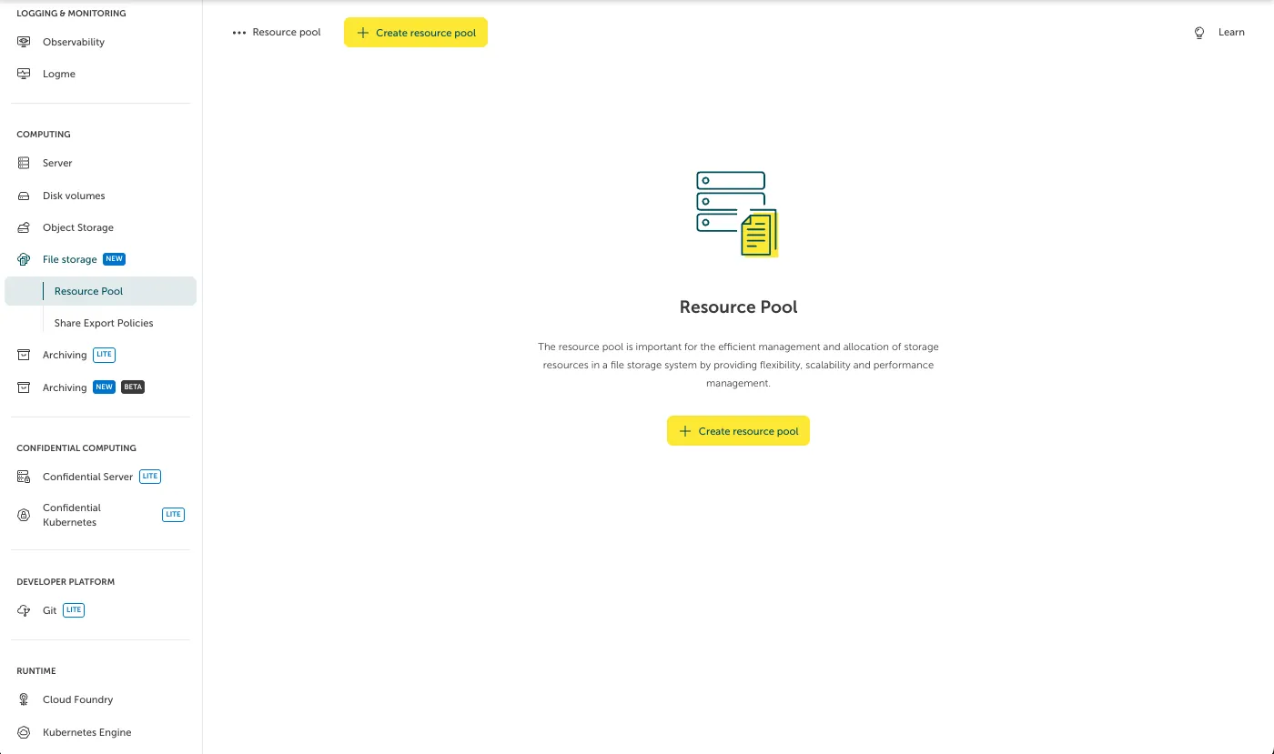 Screenshot of the initial empty "Resource Pool" dashboard in the STACKIT Portal under the "File storage" navigation section. The main content area features a central icon depicting storage servers and a document, followed by a title and a description explaining the importance of resource pools for storage management. Two yellow "Create resource pool" buttons are available, one at the top and one in the center, to start the creation process.