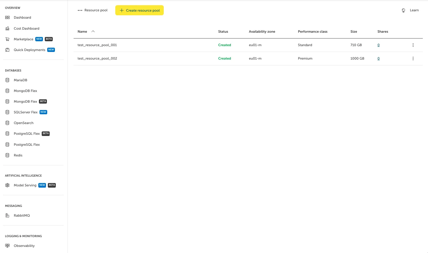 Screenshot of the "Resource pool" overview page in the STACKIT Portal. The left-hand sidebar displays service categories such as Databases, Artificial Intelligence, and Messaging. The main content area features a yellow "Create resource pool" button and a table listing active pools with a "Created" status, located in availability zone "eu01-m". Their respective sizes are 710 GB (Standard performance class) and 1000 GB (Premium performance class).