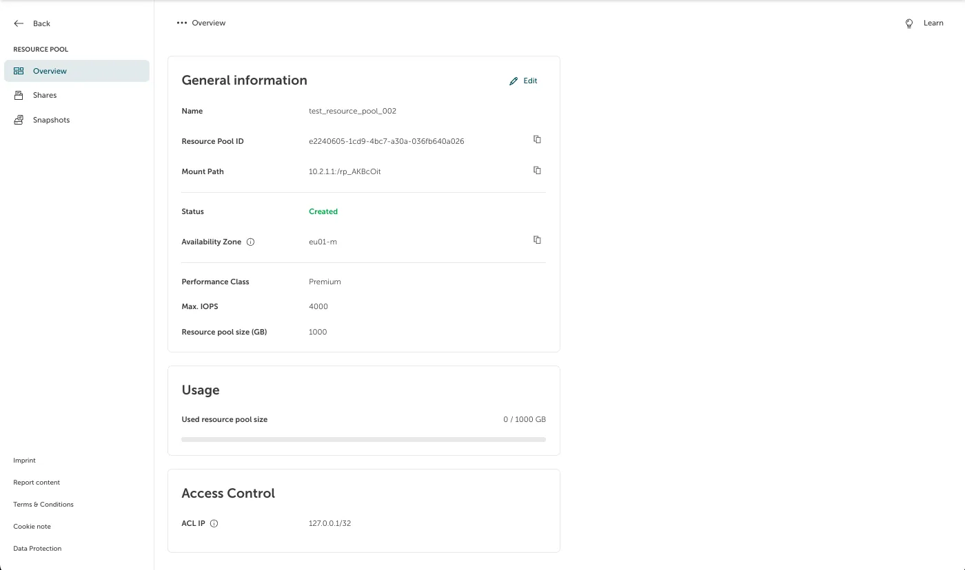 Screenshot of the detailed "Overview" configuration page for the specific resource pool "test_resource_pool_002" in the STACKIT Portal. The left column displays the "General information" card with an active "Edit" button, detailing technical attributes like the Resource Pool ID, Mount Path, and a "Premium" performance class. The right column displays stacked informational cards for "Usage", and "Access Control" defining an ACL IP.