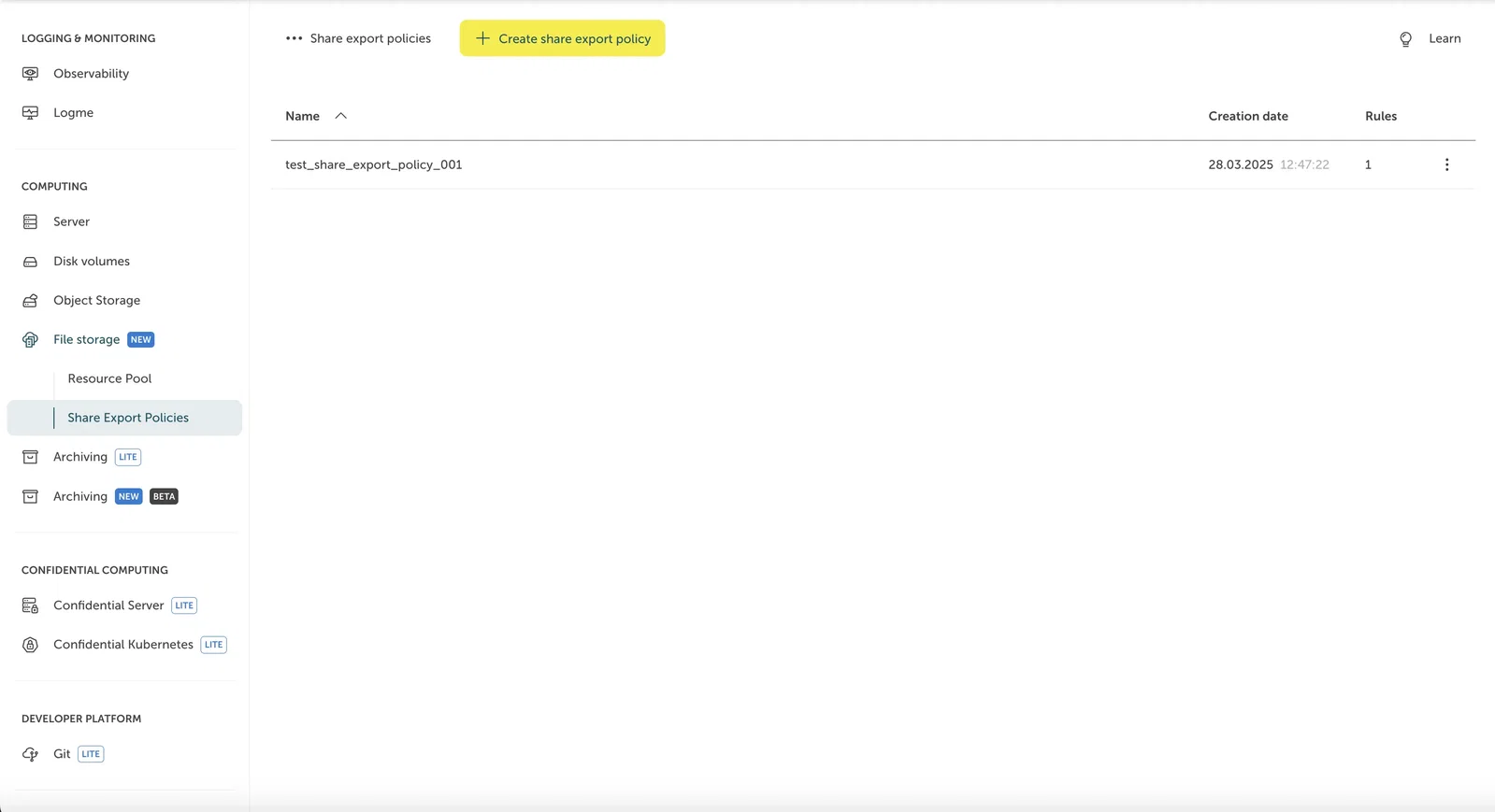 Screenshot of the "Share export policies" overview page in the STACKIT Portal showing a populated list. The left navigation panel has "Share Export Policies" selected under the "File storage" section. The main content area features a yellow "Create share export policy" button at the top and a data table displaying the newly created policy, with a creation date, showing that it contains "1" rule.