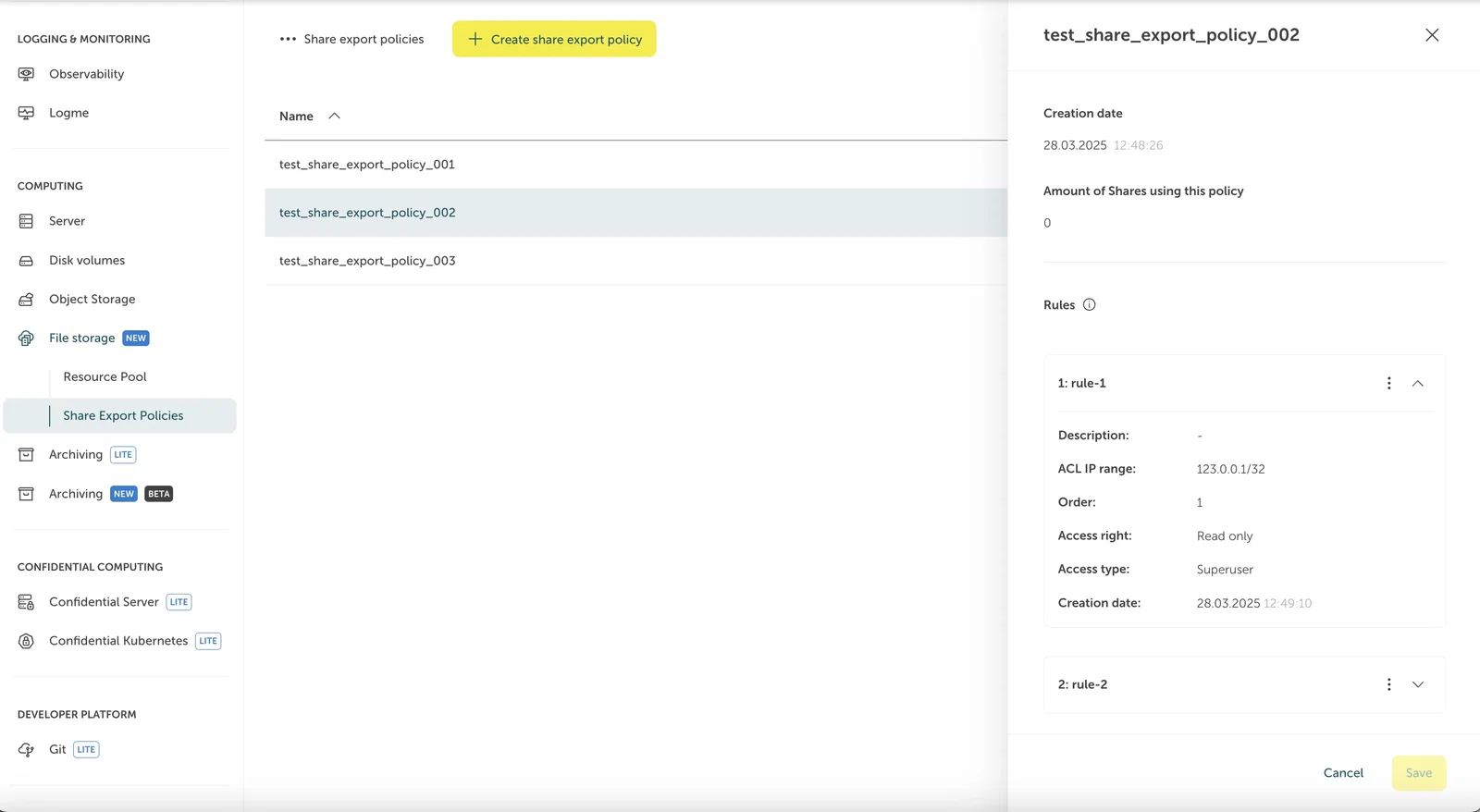 Screenshot of the STACKIT Portal showing the "Share export policies" overview with an open configuration sidebar on the right side for the selected policy "test_share_export_policy_002". The sidebar displays meta-information such as the creation date and shows that 0 shares are using this policy. Below, under the "Rules" section, an accordion item for "1: rule-1" is expanded, showing details like ACL IP range, Read only access rights, and Superuser access type. A yellow "Save" button is located at the bottom right corner.