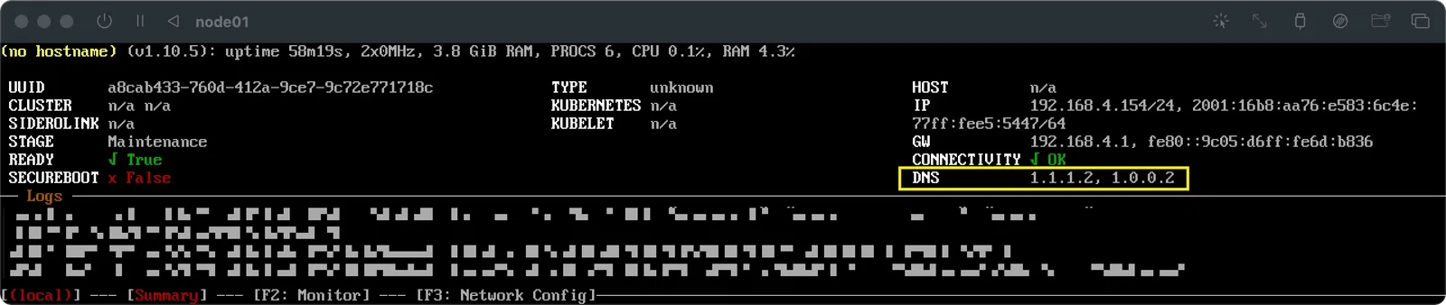 A screenshot of a black terminal window displaying the status of a node.