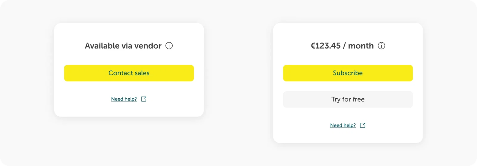 Image showing two options. On the left is a tile with the listed product that is available through the sales department. On the right is the tile with the fully integrated product that can be purchased directly through the Marketplace