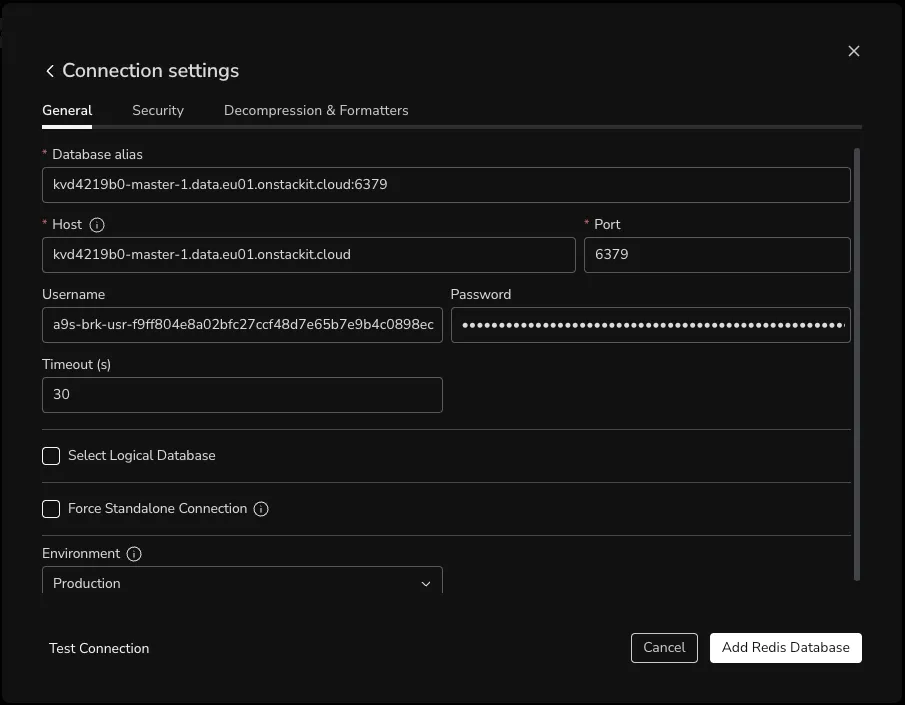Redis Insight general connection configuration