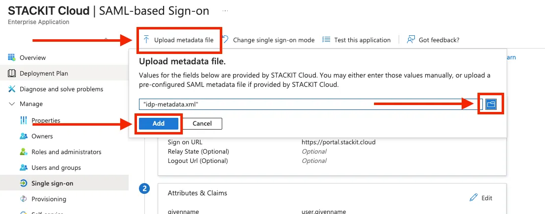 Field in Microsoft Entra ID to upload the metadata file
